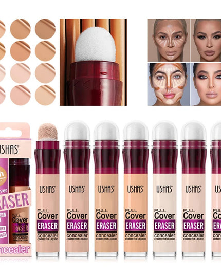 USHAS 12 Color Liquid Concealer Moisturizing Rotating Sponge Head Concealer Long Lasting Lightweight Multi-use Foundation Makeup