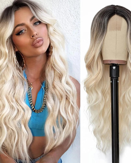 Synthetic Long Lace Ombre Blonde Wavy Wig for Women 26 Inch Middle Part Curly Natural Looking Heat Resistant Fiber for Daily