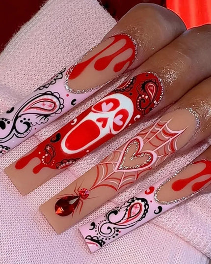 Scary Blood Skull Fake Nails Long Coffin Ballet Halloween Style False Nails 24pcs Wearable Press on Nail tips for Halloween Gift