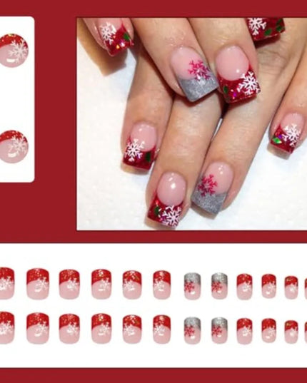 24Pcs Christmas Snowflake Press On Nails Short Square French Tip Glitter Design Fake Nails Full Cover Stick On Winter Holiday F