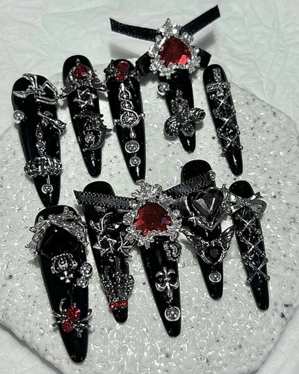 Menhera Y2K Spice Girls Black Red Long Tip Handmade Press On Nails Cross Spider Love Diamond Fake Nails Bow Cool Dark Nail Art