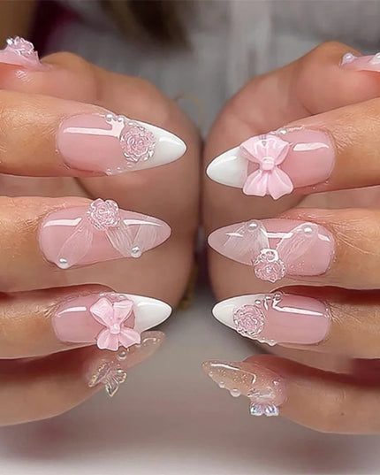 24pcs Almond False Nails Tips Summer Beach Colorful Nails Sets with Pearl Flower Design Press on Nails Art Wearable Fake Nail