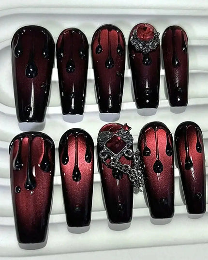 10PCS Dark Blood Red Spicy Girls Long Tip Handmade Press On Nails Red Diamonds Cat Eye Glitter Fake Nails Luxury Chains Nail Art