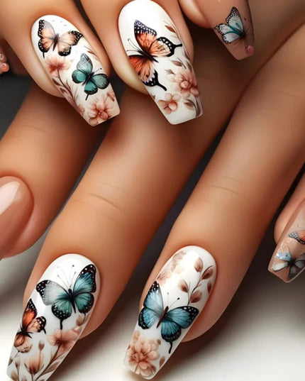 24pcs/set Medium long fake nails for women Spring summer flowers butterfly bee design faux ongles tips press on false nail art