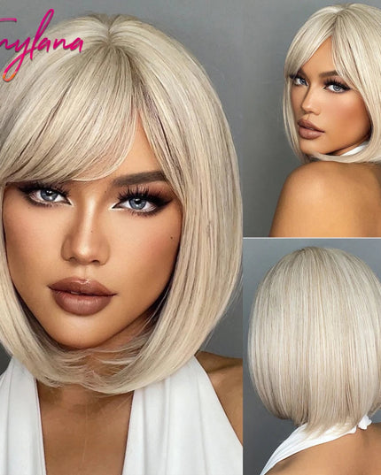White Blonde Gray Synthetic Wigs with Bangs Short Straight Bob Hair Wig for Women Cosplay Daily Natural Hair Heat Resistant