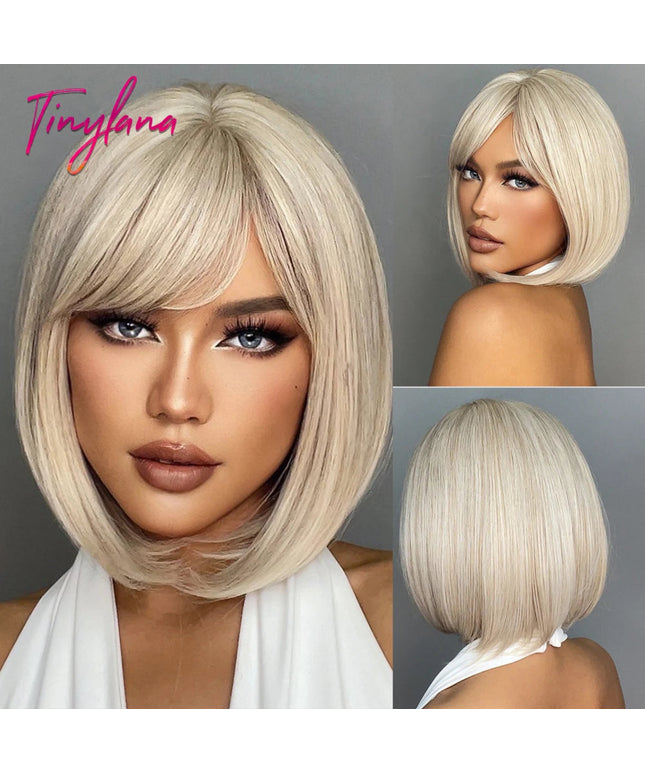 White Blonde Gray Synthetic Wigs with Bangs Short Straight Bob Hair Wig for Women Cosplay Daily Natural Hair Heat Resistant