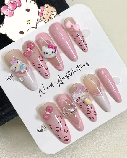 24Pcs Pink French Leopard Hello Kitty False nails 3D Y2k Star Heart Kitty Cat Rhinestones Press On Nails Cute Cartoon Fake Nails