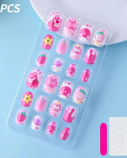 24Pcs Kids Press on Nails Children Fake Nails Girls Full Cover Short False Fingernails for Kids Design Decoration Lovely Pattern