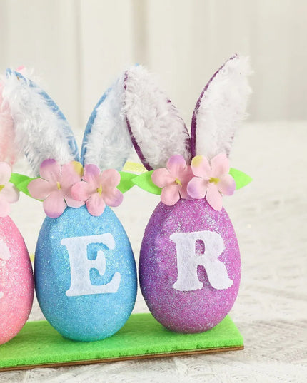 2026 Easter Easter Decorative Easter Egg with Rabbit Ears Flower Letters Easter Egg Ornament, Festival Atmosphere Decorr