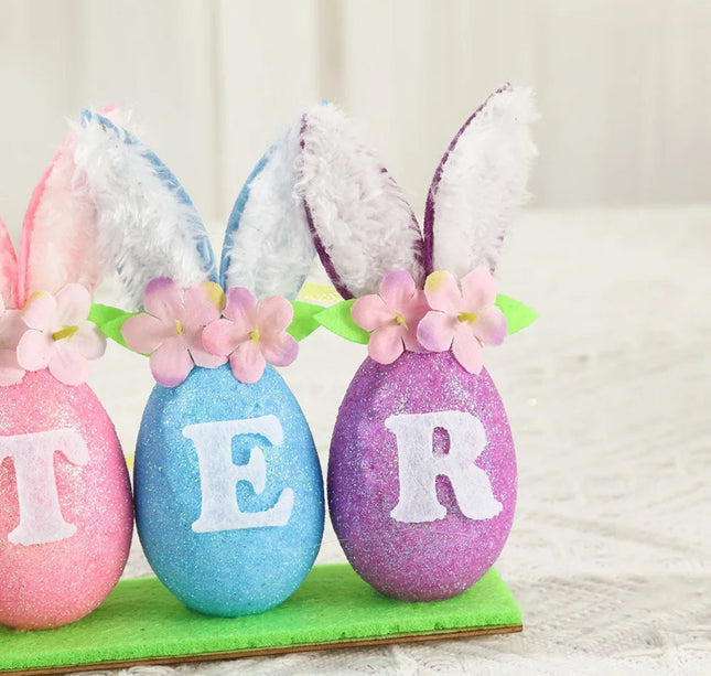 2026 Easter Easter Decorative Easter Egg with Rabbit Ears Flower Letters Easter Egg Ornament, Festival Atmosphere Decorr