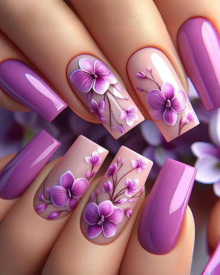 24pcs/set Medium long fake nails for women Spring summer flowers butterfly bee design faux ongles tips press on false nail art