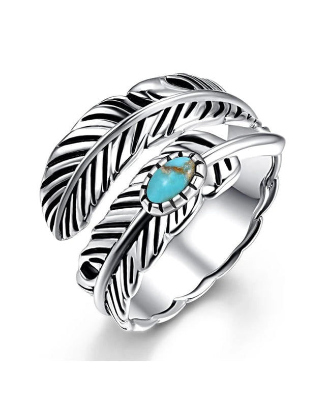 Huitan Personality Feather Shape Opening Rings for Women Anti Silver Color Imitation Turquoise Vintage Female Ring Party Jewelry