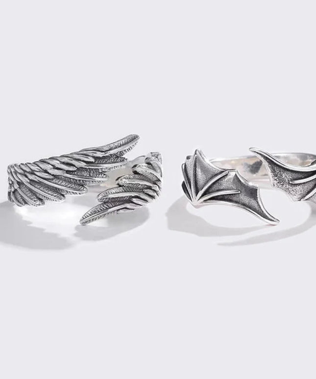 2pcs/pack Vintage Angel Wing Demon Eye Hip Hop Adjustable Couples Rings for Men Women Retro Silver Color Jewelry New