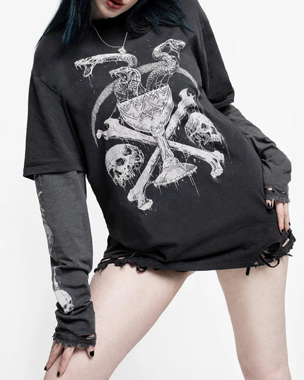 Women Gothic Tops Skull Snake Print Fake Two Pieces Casual Basic Long Sleeve Shirt Fall Pullovers for Club Streetwear