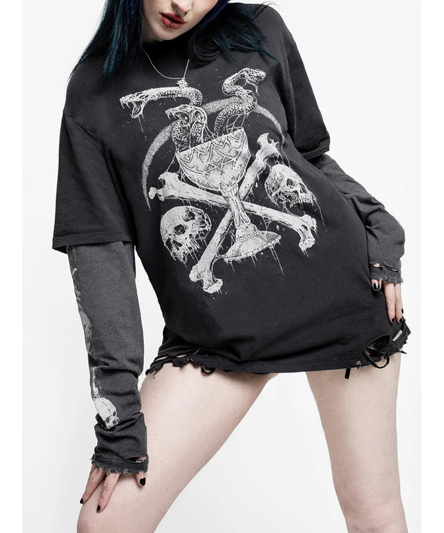 Women Gothic Tops Skull Snake Print Fake Two Pieces Casual Basic Long Sleeve Shirt Fall Pullovers for Club Streetwear
