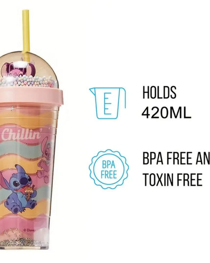 420ml MINISO Disney Lilo & Stitch Angel Couple Cartoon Double Layer Plastic Water Cup Straw Mugs Portable Gift for boy and girl