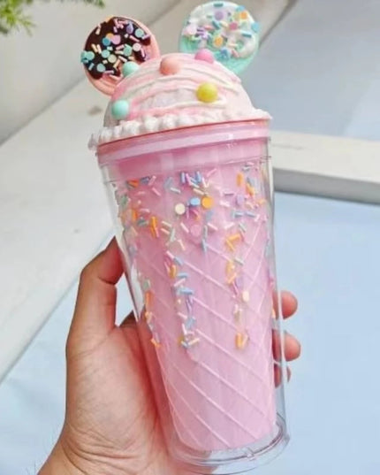 450ml Cute Straw Cup,Ice Cream Lids for Stanley Tumbler,Reusable Plastic Cups,Summer Drinkware Cold Brew,Girl Water Bottle Gift