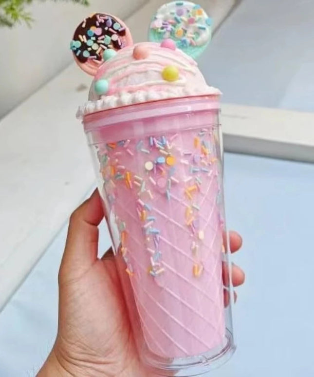 450ml Cute Straw Cup,Ice Cream Lids for Stanley Tumbler,Reusable Plastic Cups,Summer Drinkware Cold Brew,Girl Water Bottle Gift