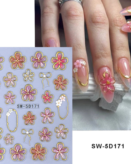 1/2pcs 5D Embossed Heart Flowers Line Nail Stickers Decal French Ribbon Bow Flame Adhesive Nail Art Slider Manicure Decorations