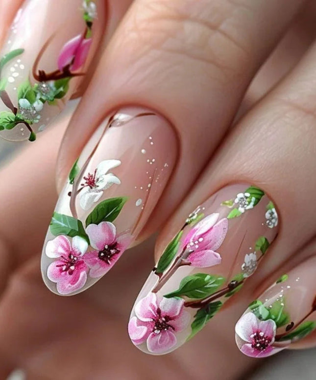 24pcs/set Medium long fake nails for women Spring summer flowers butterfly bee design faux ongles tips press on false nail art