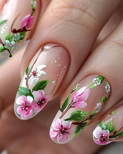 24pcs/set Medium long fake nails for women Spring summer flowers butterfly bee design faux ongles tips press on false nail art