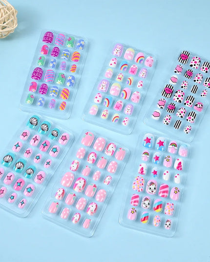 24Pcs Kids Press on Nails Children Fake Nails Girls Full Cover Short False Fingernails for Kids Design Decoration Lovely Pattern