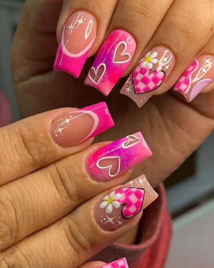 24pcs French Press on Nails Red Love Pattern False Nails Wearable Stick-on Nails Fake Nail Uñas Postizas Накладные Ногти 네일팁
