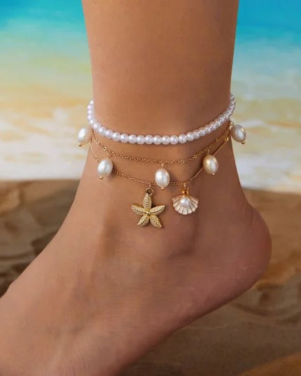 Colorful Starfish Pendant Rice Beads Beaded Anklet for Women Summer Fashion Multi-layer Bracelet Anklet Bohemian Leg Jewelry