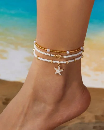 Colorful Starfish Pendant Rice Beads Beaded Anklet for Women Summer Fashion Multi-layer Bracelet Anklet Bohemian Leg Jewelry