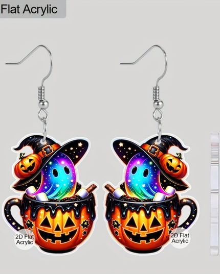 2D Flat - 1 Pair Gothic Y2K Acrylic Earrings - Halloween Pumpkin Cup with Colorful Ghost Design, Stainless Steel Posts, Perfect for Daily Wear or Gift-Giving, Halloween Jewelr