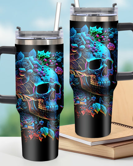 40oz Insulated Stainless Steel Mug 1pc 40oz Vibrant Skull & Floral Design Insulated Stainless Steel Mug with Lid - Reusable, BPA-Free Tumbler, Hand Wash Only - Perfect for Halloween, Christmas, Thanksgiving - Ideal Gift for