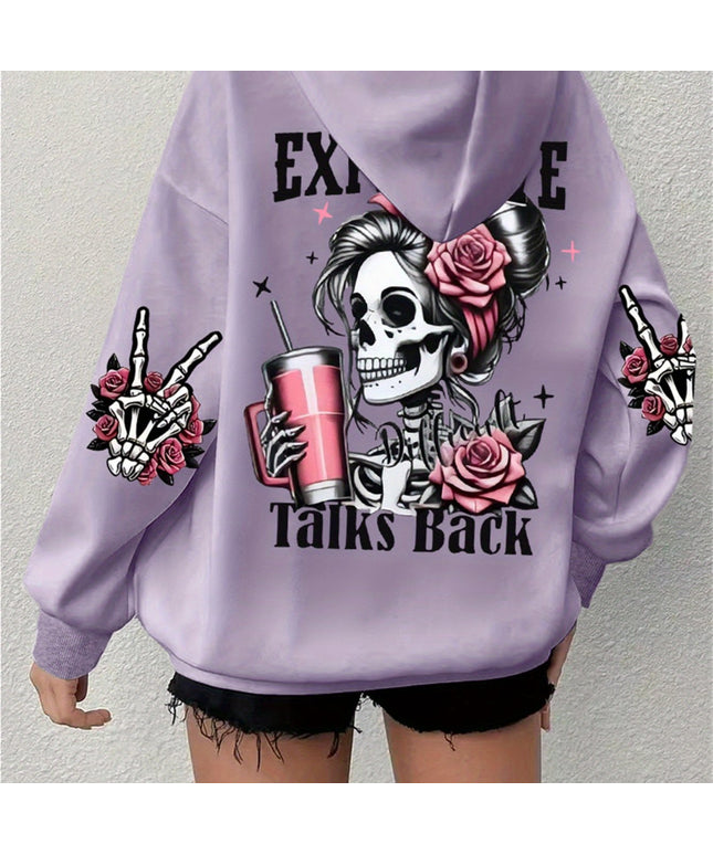 Plus Size Skull Print Drawstring Hoodie, Casual Long Sleeve Hoodie For Fall & Winter, Women's Plus Size Clothing