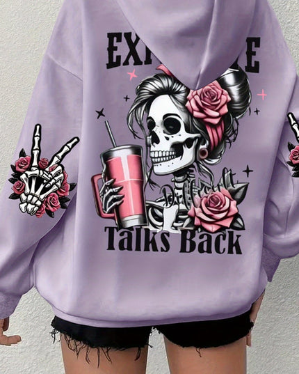 Plus Size Skull Print Drawstring Hoodie, Casual Long Sleeve Hoodie For Fall & Winter, Women's Plus Size Clothing