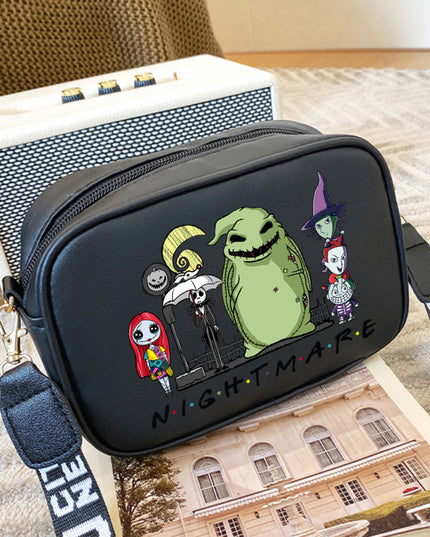1pc Disney Crossbody Bag] Disney Nightmare Before Christmas 1pc Jack Skellington & Sally Quilted Crossbody Bag | Adjustable Detachable Strap, Lightweight, Multiple Compartments, Black (7.2"x5.5"x2.3") | Whimsical Design, Sec