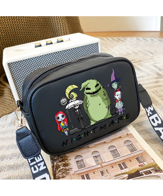 1pc Disney Crossbody Bag] Disney Nightmare Before Christmas 1pc Jack Skellington & Sally Quilted Crossbody Bag | Adjustable Detachable Strap, Lightweight, Multiple Compartments, Black (7.2"x5.5"x2.3") | Whimsical Design, Sec