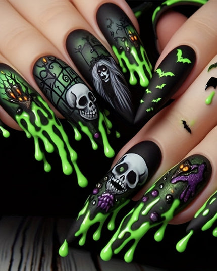 24pcs Halloween Press on Nails Long Stiletto Press on Nails Black Black Series Skull Bat Design Essential Fake Nails for Women And on Halloween Nail Art