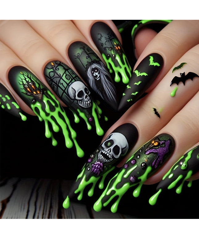 24pcs Halloween Press on Nails Long Stiletto Press on Nails Black Black Series Skull Bat Design Essential Fake Nails for Women And on Halloween Nail Art