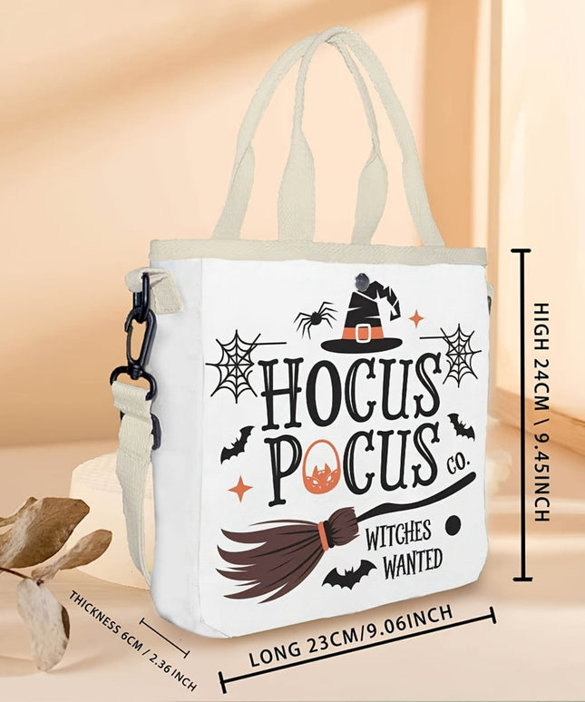 Halloween Tote Bag Halloween Witchcraft 1pc Women's Tote Bag | Adjustable & Removable Shoulder Strap, Large Capacity White Casual Handbag with Hocus Pocus Co. Witches Wanted Design for Shopping, Travel, Work - Perfect Gift