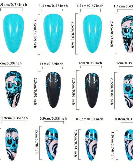 24pcs Halloween Blue Skull Almond Nail Art Set with Press-On Nail Tapes + Jelly File Strips - Festive Teal, Pink & Black Swirl Designs for Spooky Manicures, Halloween Nails, Festive Nail Decor, Spooky Nail Art, Durable Nail T