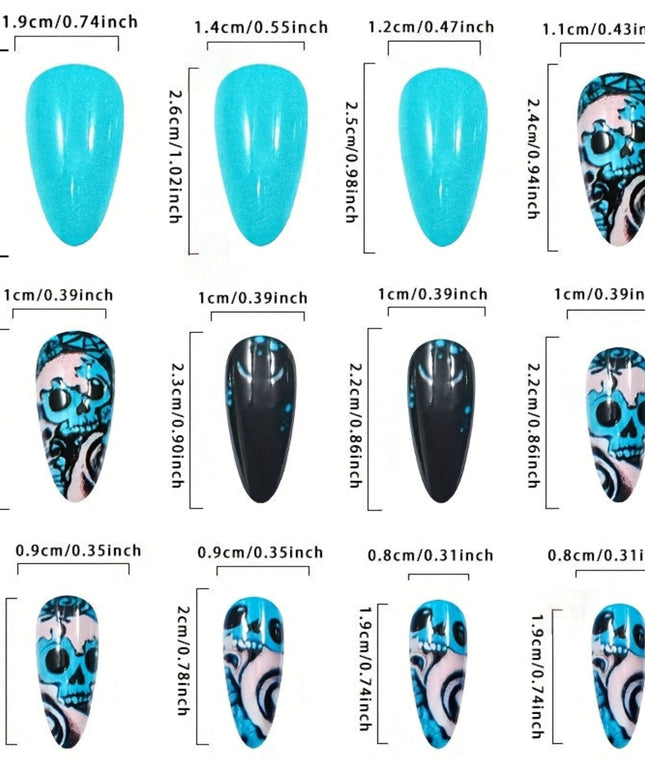 24pcs Halloween Blue Skull Almond Nail Art Set with Press-On Nail Tapes + Jelly File Strips - Festive Teal, Pink & Black Swirl Designs for Spooky Manicures, Halloween Nails, Festive Nail Decor, Spooky Nail Art, Durable Nail T