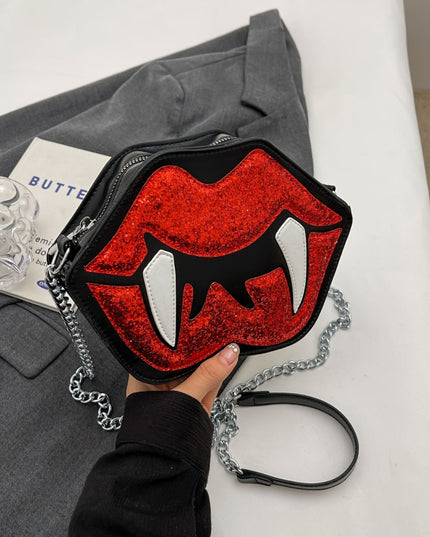 Vampire Lips Print Crossbody Bag - Gothic Style, Black with Red Lips & Fangs Design, Chain Strap, Zipper Closure, Perfect for Halloween & Daily Use, Halloween Accessory | Playful Accessory | Durable Zipper Closure, Halloween