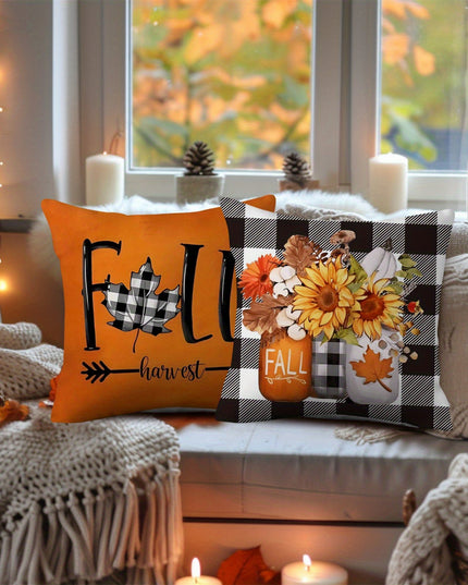 Hello Pumpkin White Polka Dot Sunflower Glass Jar Bow Autumn Pillowcase 4pcs Suitable for Living Room Chair Sofa Thanksgiving Decoration