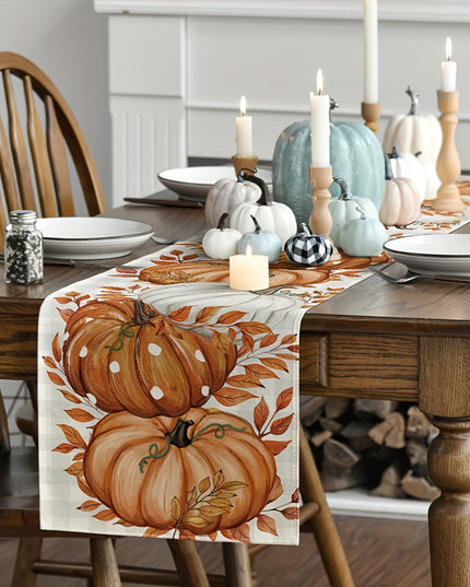 Charming Buffalo Plaid & Orange Pumpkins Table Runner - Perfect for Fall, Thanksgiving, and Autumn Dining Decor, Polyester, Rectangular, Seasonal Table Setting | Buffalo Plaid Design | Durable Table Runner, Fall Decorations f