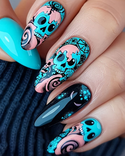 24pcs Halloween Blue Skull Almond Nail Art Set with Press-On Nail Tapes + Jelly File Strips - Festive Teal, Pink & Black Swirl Designs for Spooky Manicures, Halloween Nails, Festive Nail Decor, Spooky Nail Art, Durable Nail T