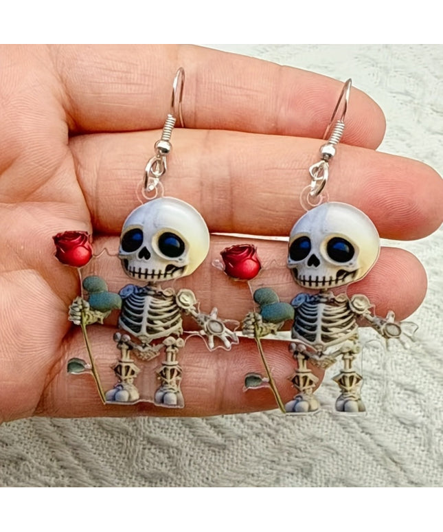 2pcs Cute Acrylic Earrings 2pcs Lightweight Acrylic Skull and Rose 2D Earrings | Durable and Charming | Perfect for Anniversary and Winter Gifts
