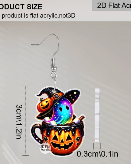 2D Flat - 1 Pair Gothic Y2K Acrylic Earrings - Halloween Pumpkin Cup with Colorful Ghost Design, Stainless Steel Posts, Perfect for Daily Wear or Gift-Giving, Halloween Jewelr