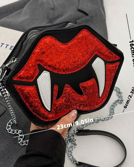 Vampire Lips Print Crossbody Bag - Gothic Style, Black with Red Lips & Fangs Design, Chain Strap, Zipper Closure, Perfect for Halloween & Daily Use, Halloween Accessory | Playful Accessory | Durable Zipper Closure, Halloween