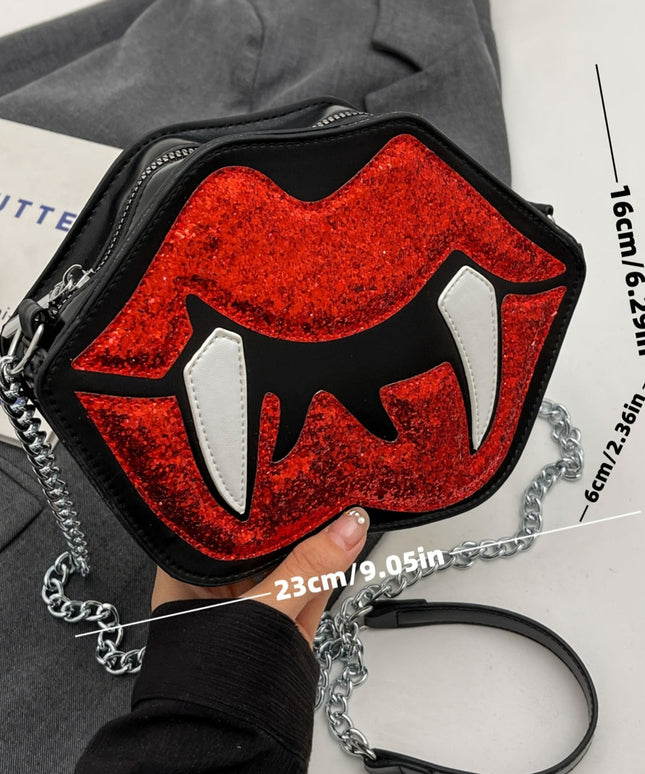 Vampire Lips Print Crossbody Bag - Gothic Style, Black with Red Lips & Fangs Design, Chain Strap, Zipper Closure, Perfect for Halloween & Daily Use, Halloween Accessory | Playful Accessory | Durable Zipper Closure, Halloween