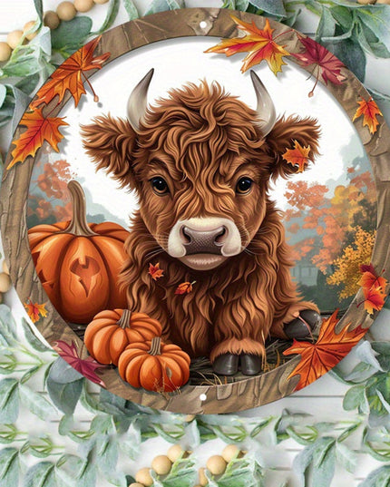 1pc 7.87x7.87 Inch Aluminum Alloy Highland Cattle Metal Sign - Farmhouse Fall Wall Decor with Pumpkins, Autumn Leaves & Rustic Wood Frame, Waterproof Round Door Hanging Art for Home, Porch, Garden (Pre-Drilled Holes), Porch D