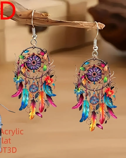 Vibrant Feather Earrings Vibrant 2D Bohemian Feather Acrylic Pendant Earrings for Women, 2D Flat, Lightweight Durable - Perfect Gift for Halloween Christmas Valentine's Mother's Day Birthdays & Daily Wear